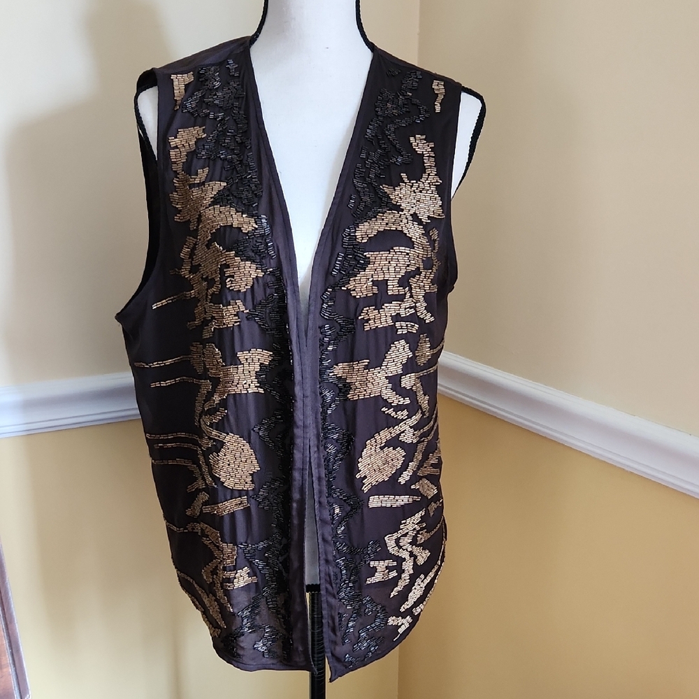 Chico's Brown and Gold Beaded Vest NWOT Size S M